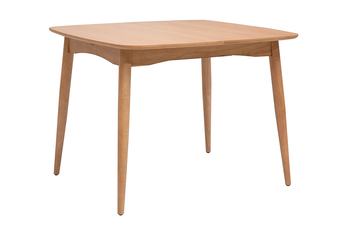 Tavolo quadrato estensibile in legno chiaro di quercia, vista a tre quarti, allunghe integrate.