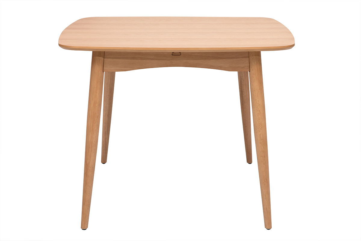 Tavolo allungabile quadrato in legno chiaro di rovere vista di profilo, L100-140 cm, design essenziale.