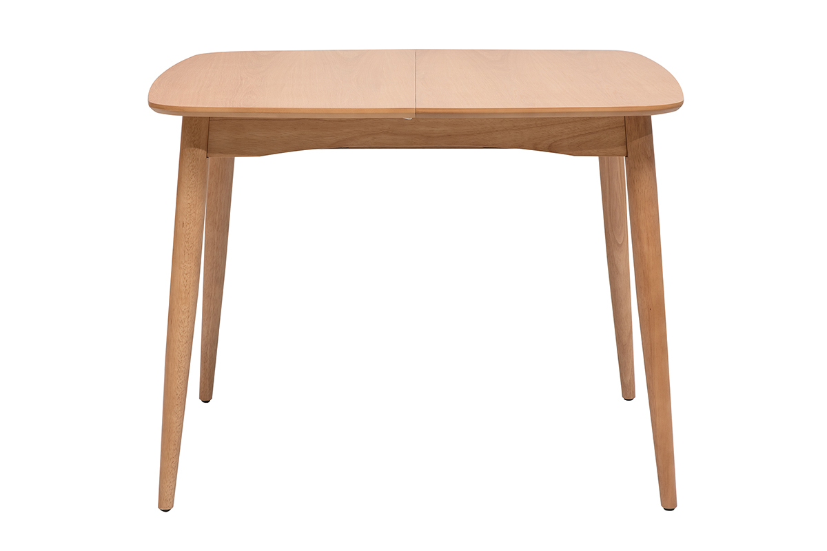 Tavolo allungabile quadrato in legno chiaro di quercia, vista frontale, dimensioni L100-140 cm.