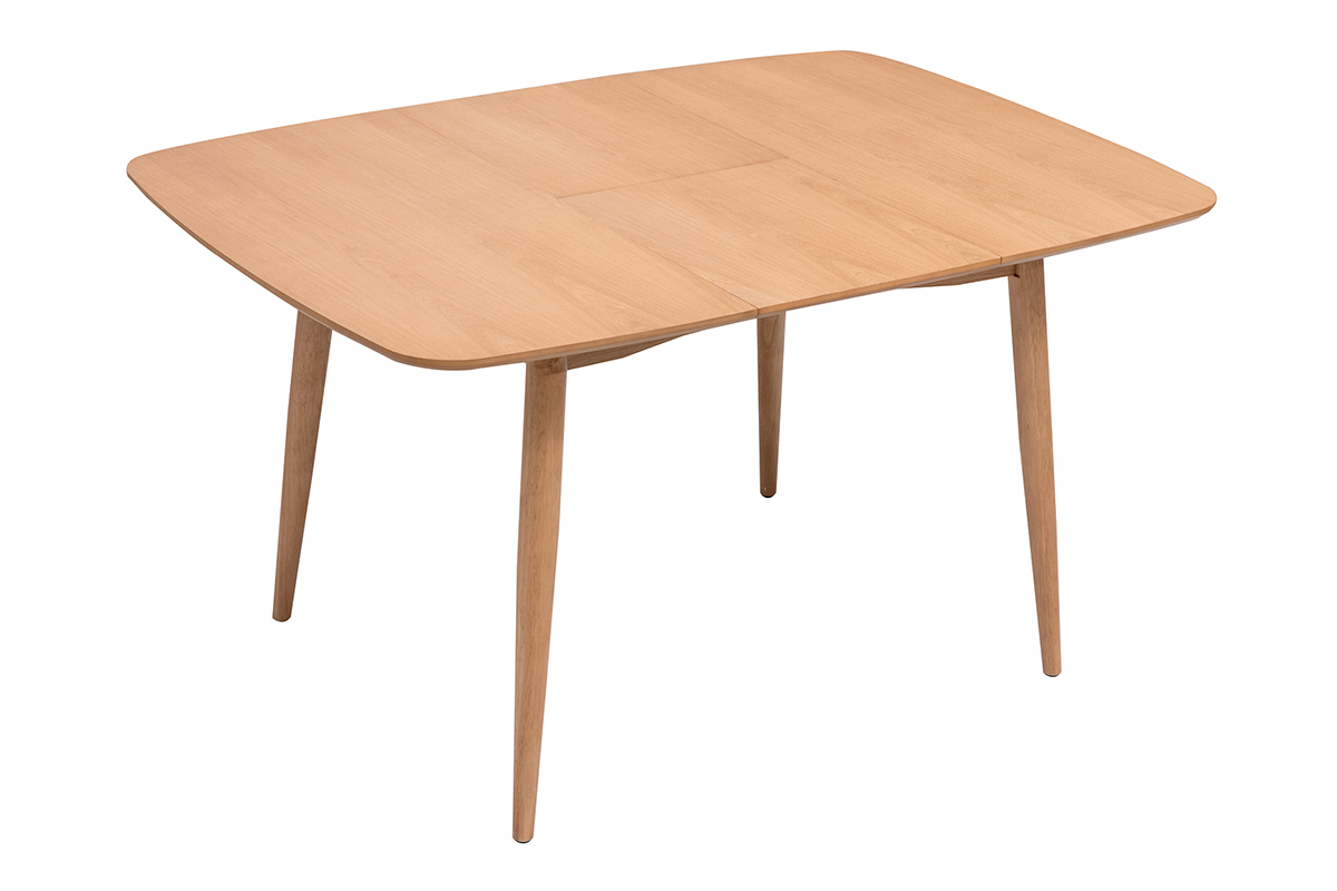 Tavolo allungabile quadrato in legno chiaro di quercia, visto da due angolazioni con allunghe integrate.