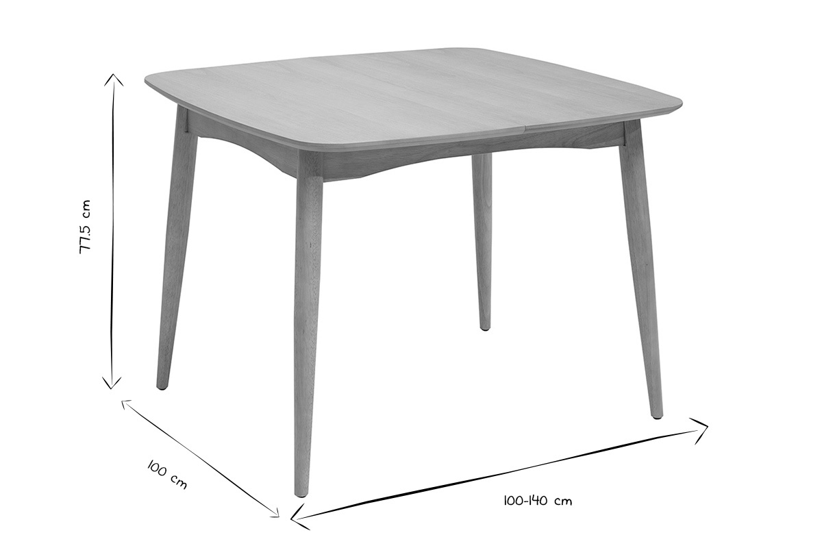 Dimensioni del tavolo quadrato allungabile HELMA in bianco e nero, L100-140 cm, H77,5 cm.