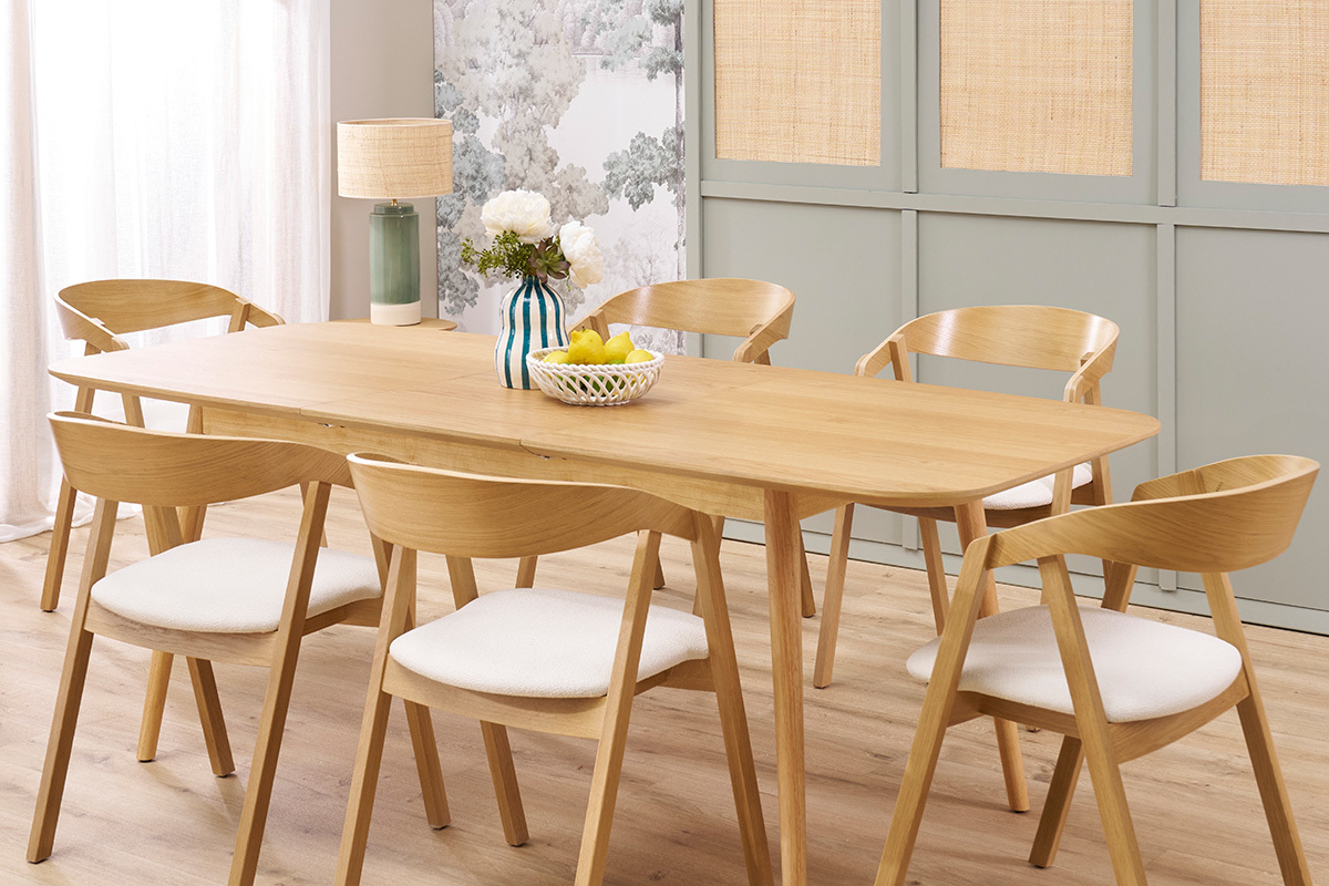 Tavolo allungabile con allunghe integrate rettangolare in legno chiaro rovere L160-210 cm ANK