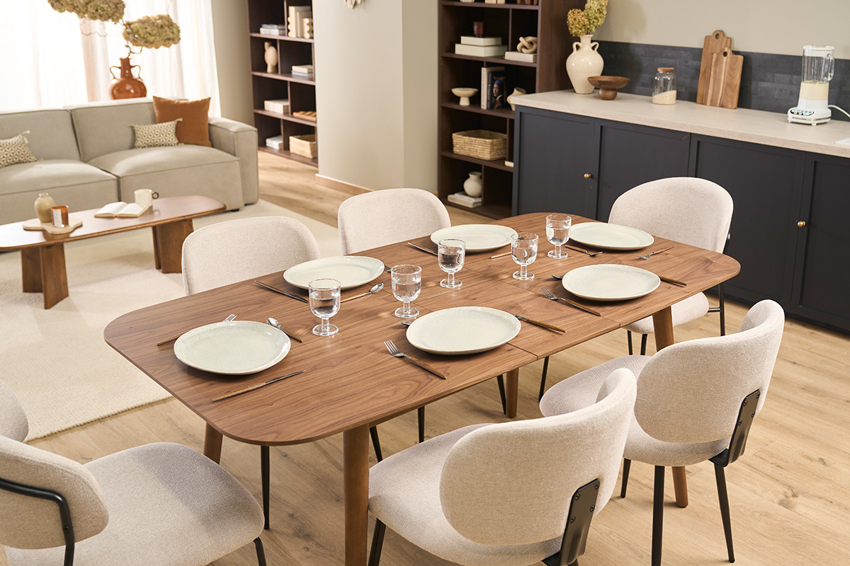 Tavolo allungabile con allunghe integrate rettangolare in legno scuro noce L140-170 cm ANK