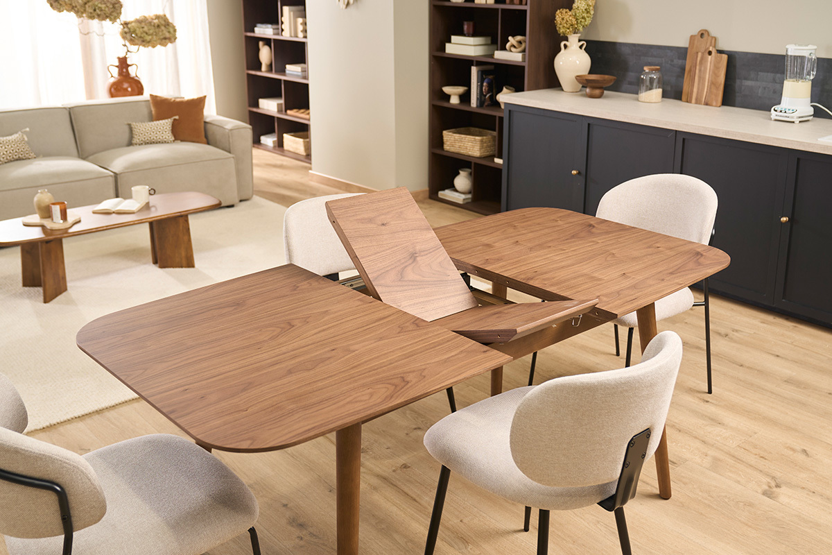 Tavolo allungabile con allunghe integrate rettangolare in legno scuro noce L140-170 cm ANK