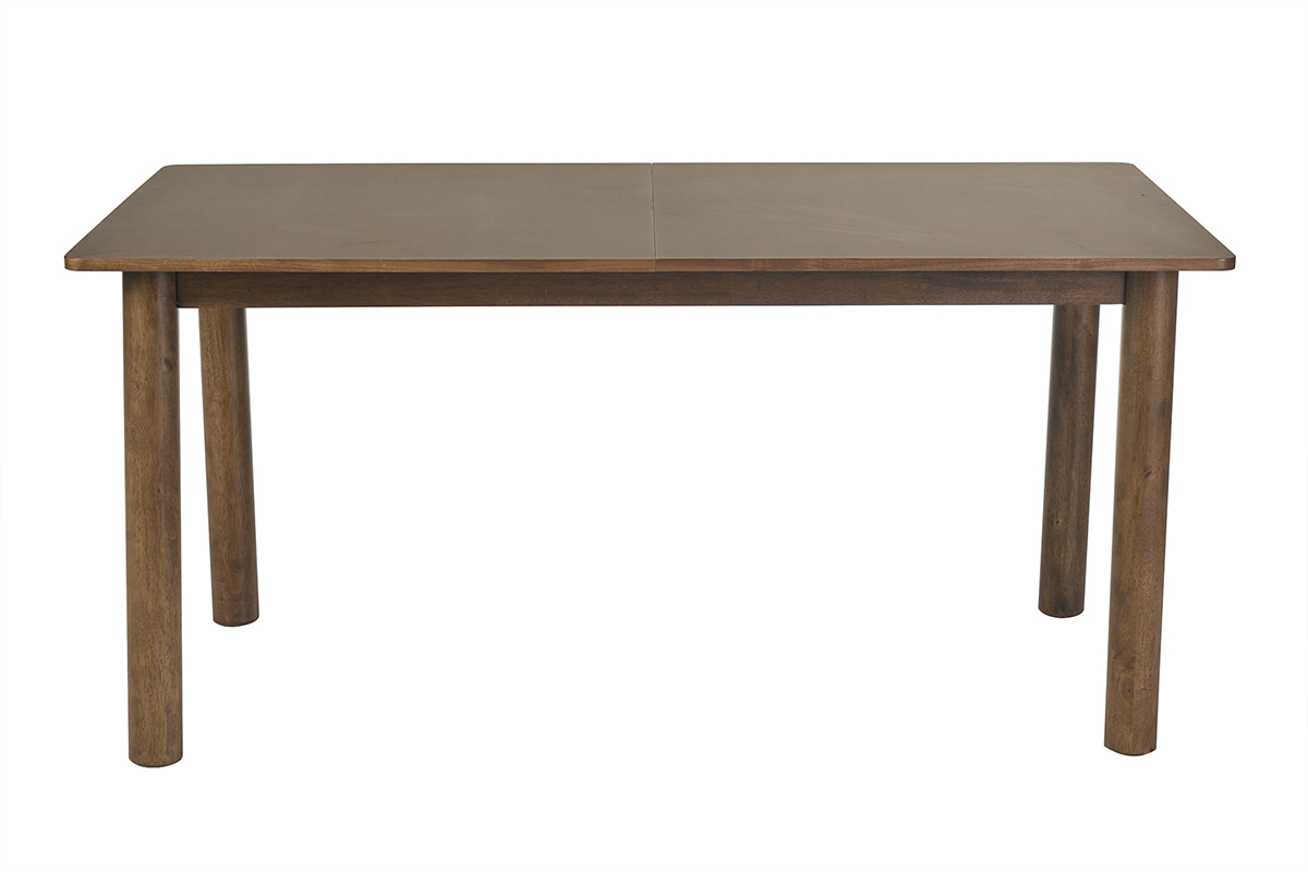 Tavolo allungabile rettangolare in legno scuro noce, vista frontale, dimensioni L160-210 cm.