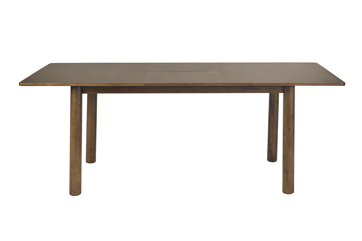 Tavolo rettangolare allungabile in legno scuro noce, vista frontale, lunghezza 160-210 cm, gambe cilindriche.