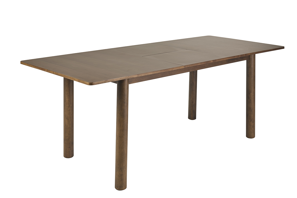 Tavolo allungabile rettangolare in legno scuro noce, vista a tre quarti, con prolunga integrata visibile.