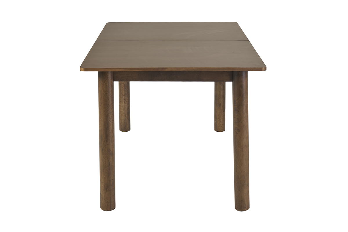 Tavolo allungabile rettangolare in legno scuro noce, vista di profilo con allunghe integrate.