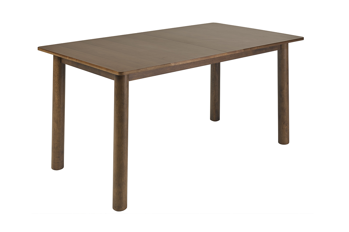 Tavolo allungabile rettangolare in legno scuro, vista a 3/4, dimensioni L160-210 cm, gambe cilindriche.