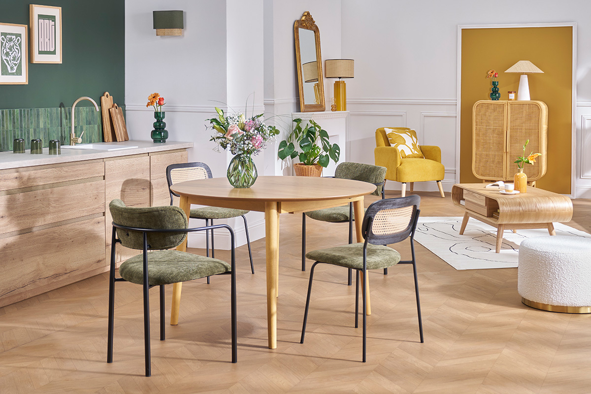 Tavolo allungabile con allunghe integrate rotondo in legno chiaro rovere L115-154 cm EGO