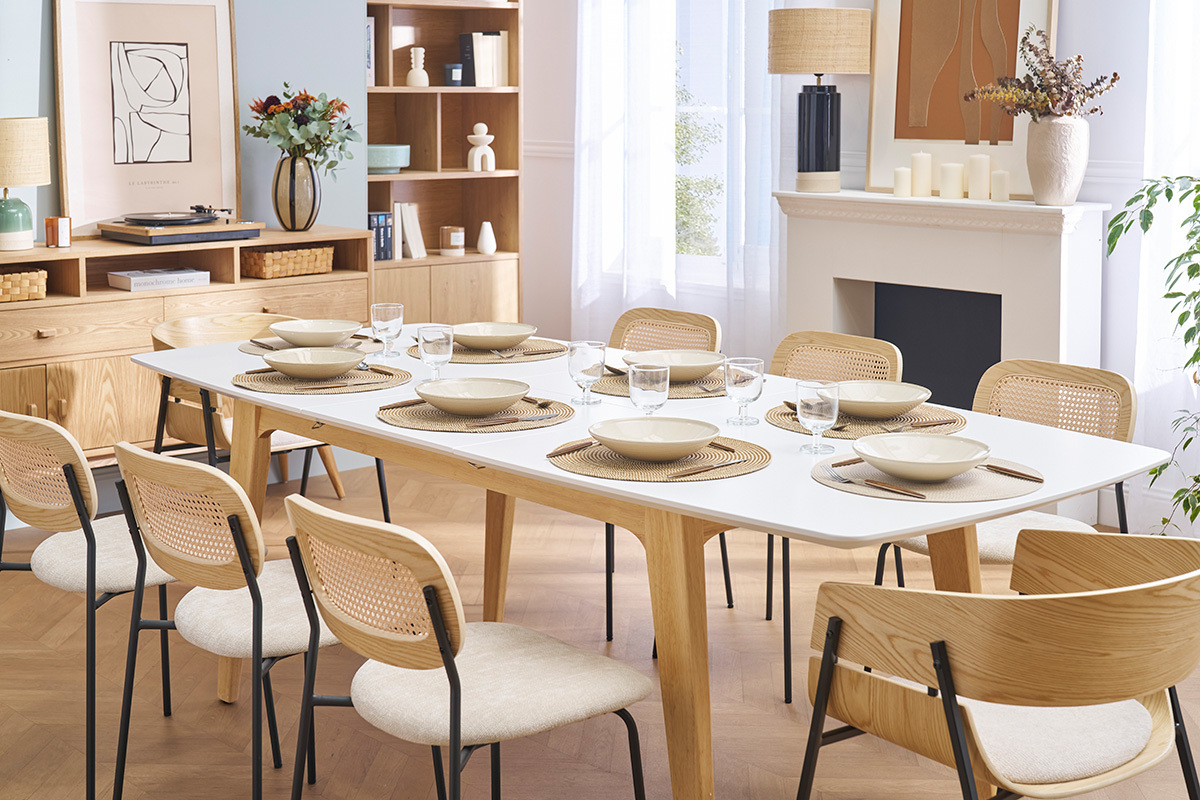 Tavolo allungabile con prolunga integrata rettangolare in legno bianco e rovere chiaro L180-230 cm FIFTIES