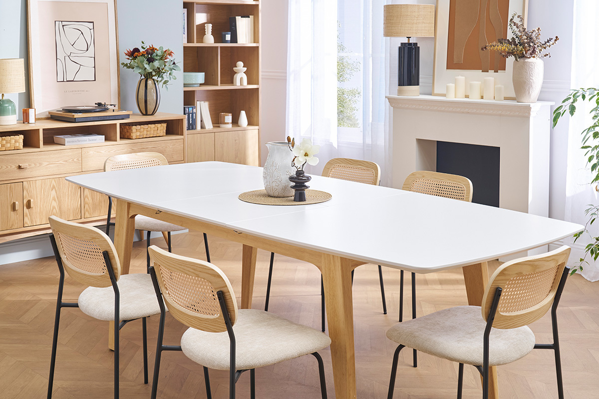 Tavolo allungabile con prolunga integrata rettangolare in legno bianco e rovere chiaro L180-230 cm FIFTIES