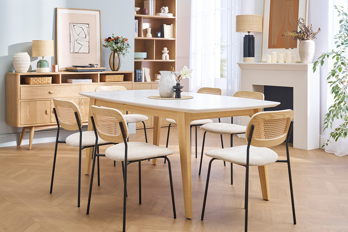 Tavolo allungabile con prolunga integrata rettangolare in legno bianco e rovere chiaro L180-230 cm FIFTIES