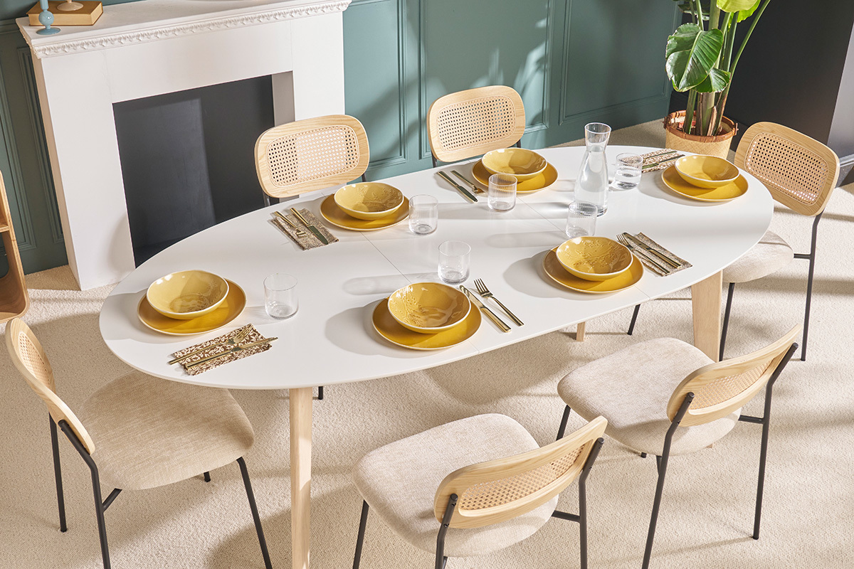 Tavolo allungabile ovale bianco e legno chiaro L150-200 LEENA