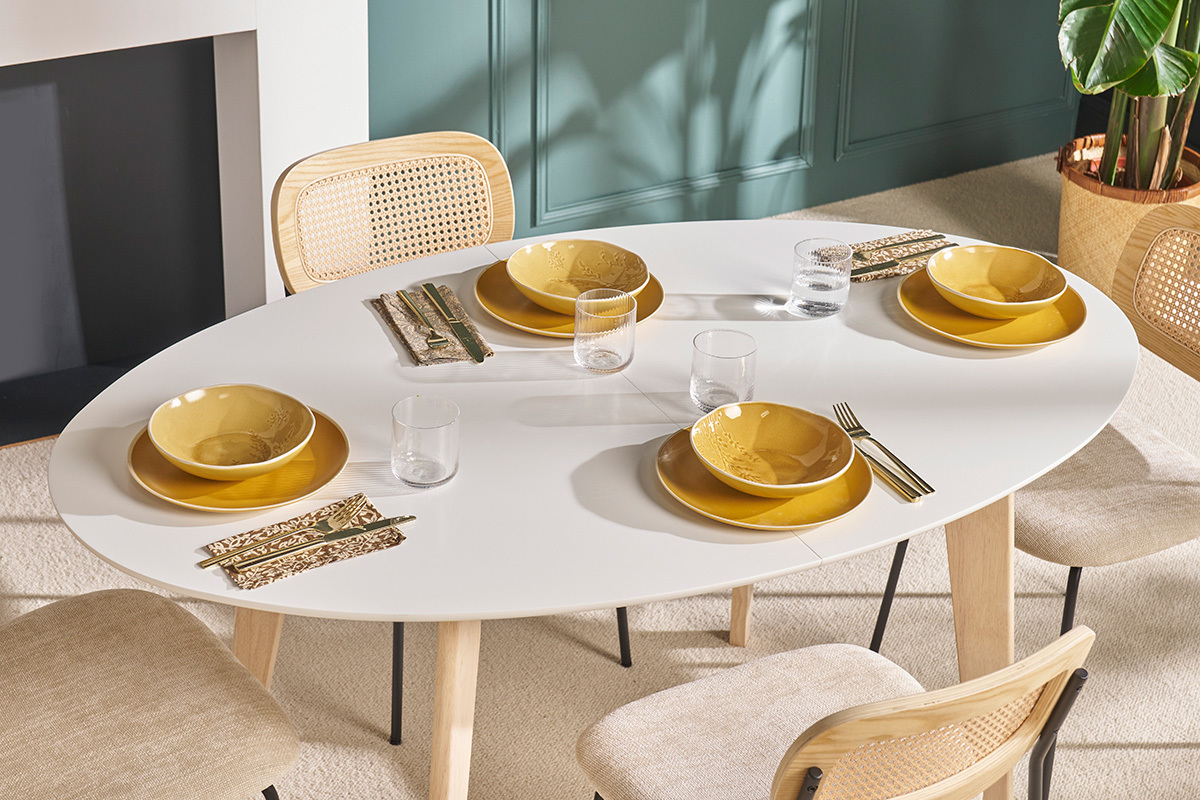 Tavolo allungabile ovale bianco e legno chiaro L150-200 LEENA