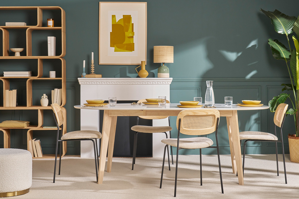 Tavolo allungabile ovale bianco e legno chiaro L150-200 LEENA