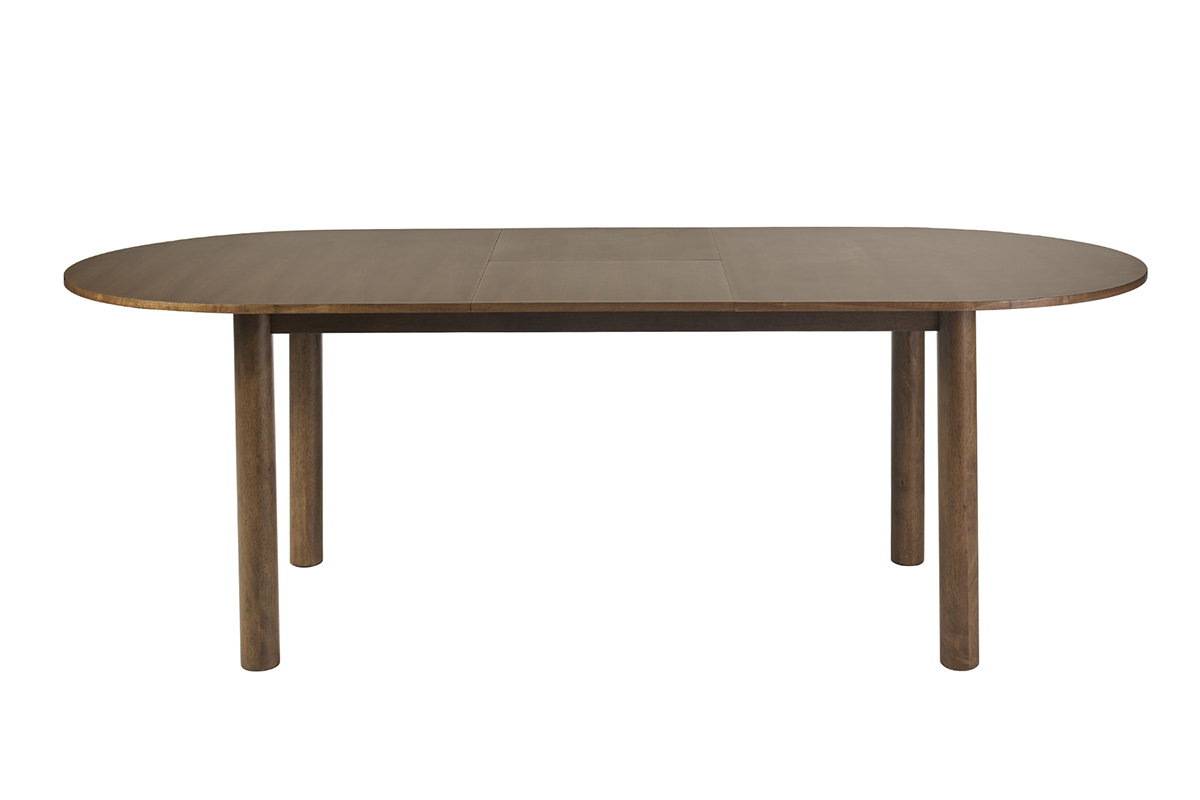 Tavolo allungabile ovale in legno scuro noce, vista frontale, lunghezza L180-230 cm.