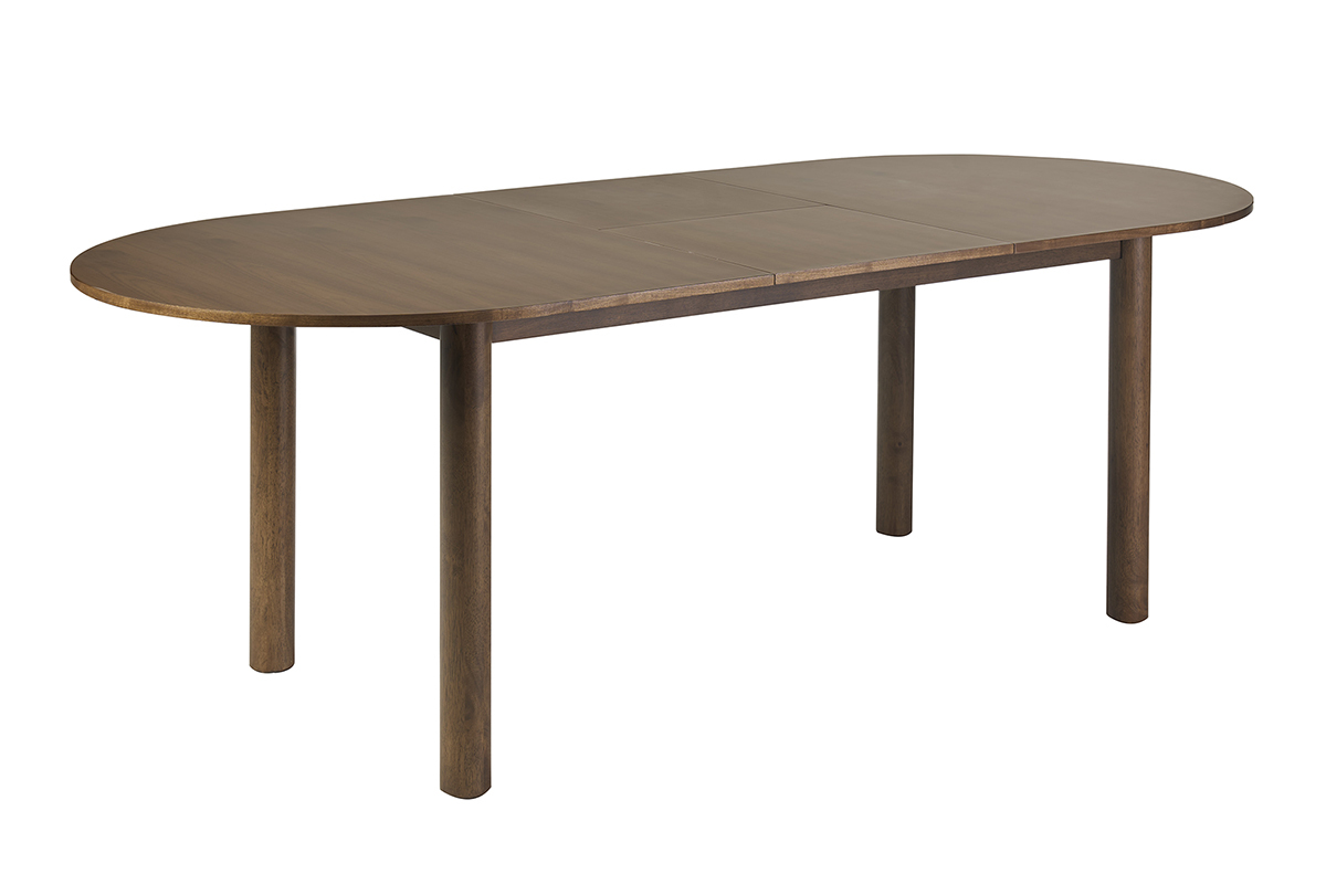 Tavolo allungabile ovale in legno scuro noce, vista a 3/4, dimensioni L180-230 cm.