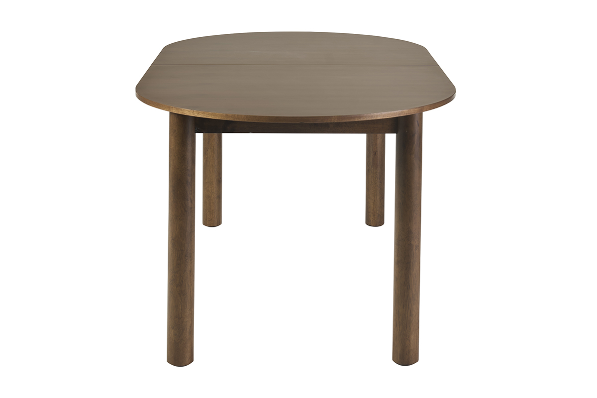 Tavolo allungabile ovale in legno di noce scuro, vista laterale, dimensioni L180-230 cm.