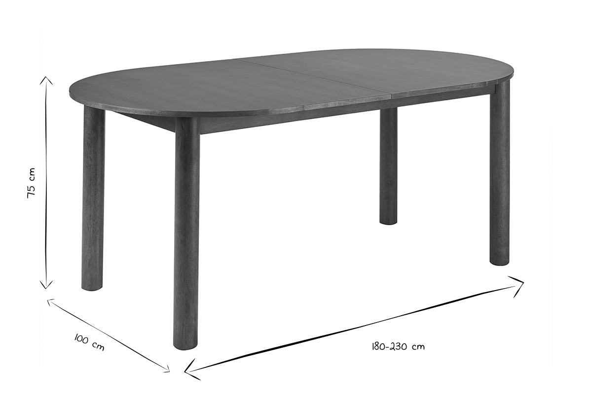 Dimensioni del tavolo allungabile ovale in legno scuro, L180-230 cm, P100 cm, H75 cm