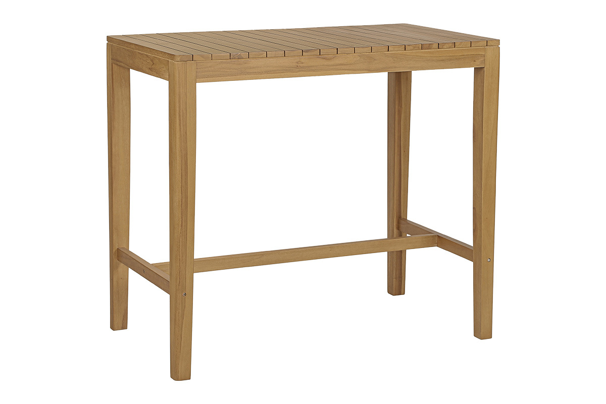 Tavolo alto da giardino rettangolare in teak massiccio L120 cm, vista a 3/4.