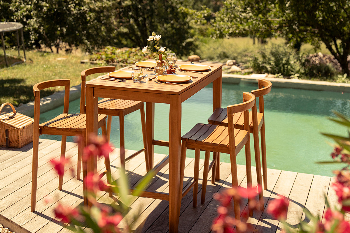 Tavolo alto da giardino rettangolare in legno massiccio di teak L120 cm GILI