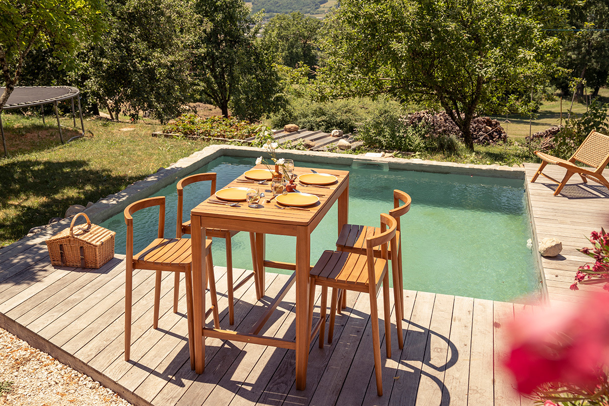 Tavolo alto da giardino rettangolare in legno massiccio di teak L120 cm GILI