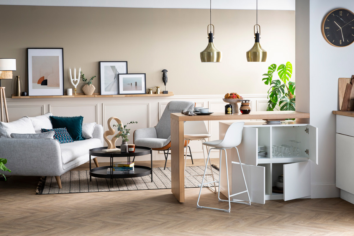 Tavolo bar modulabile con contenitore bianco opaco e rovere H91 cm MAX
