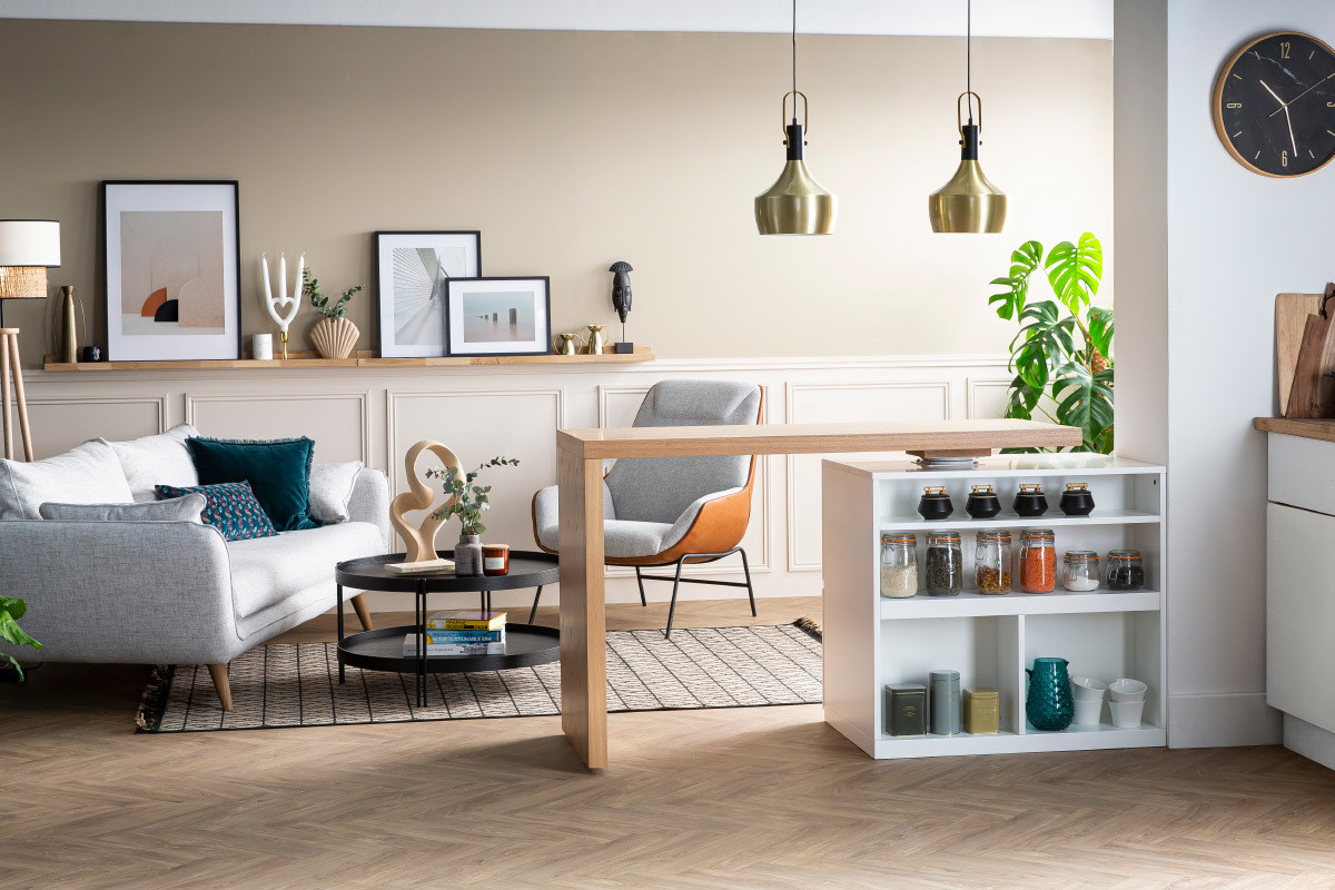 Tavolo bar modulabile con contenitore bianco opaco e rovere H91 cm MAX