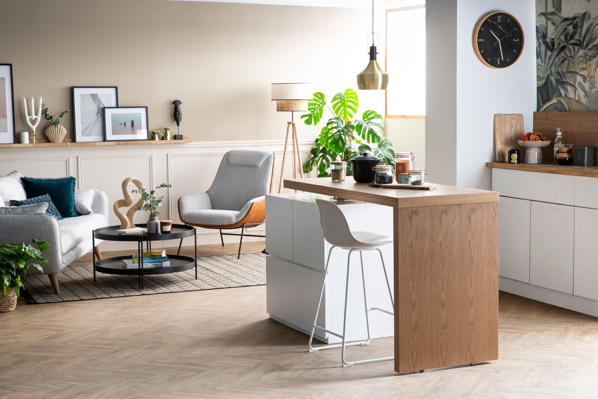 Tavolo bar modulabile con contenitore bianco opaco e rovere H91 cm MAX