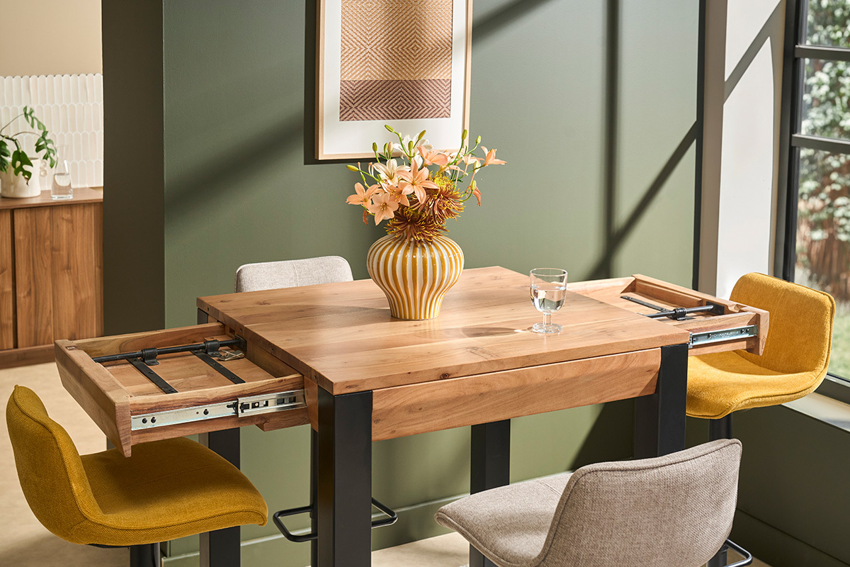 tavolo bar rettangolare in acacia base in metallo nero 130cm TRAP
