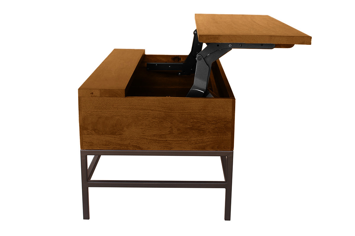 Tavolo basso industriale con sollevamento in legno massello di mango tinto e metallo nero L90 cm YPSTER