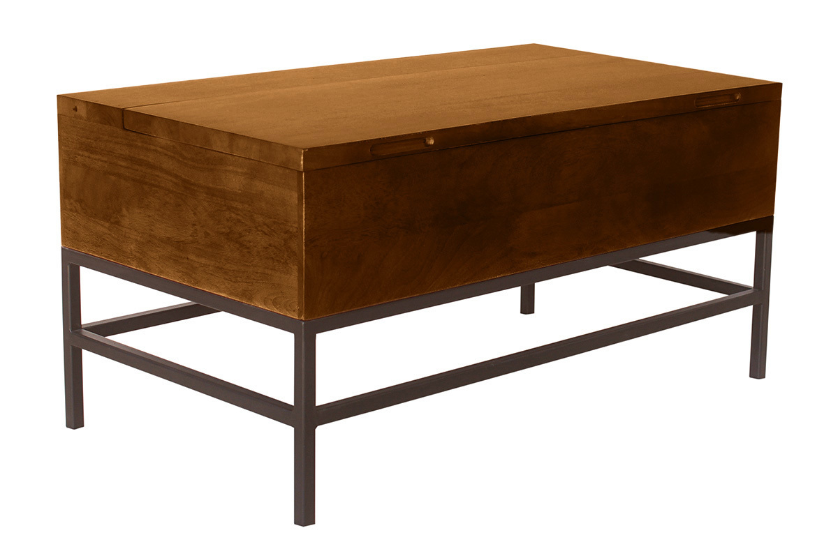 Tavolo basso industriale con sollevamento in legno massello di mango tinto e metallo nero L90 cm YPSTER