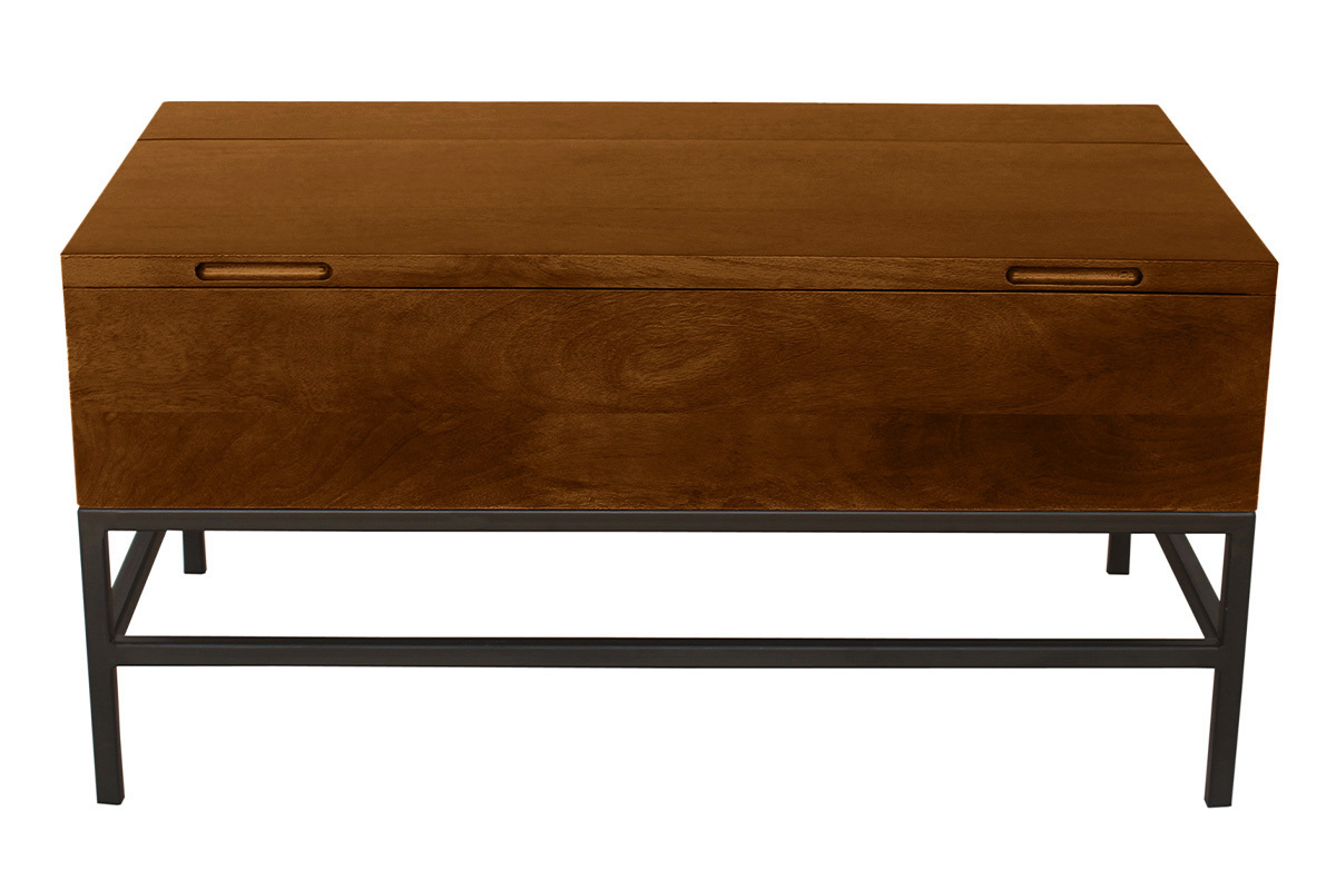 Tavolo basso industriale con sollevamento in legno massello di mango tinto e metallo nero L90 cm YPSTER