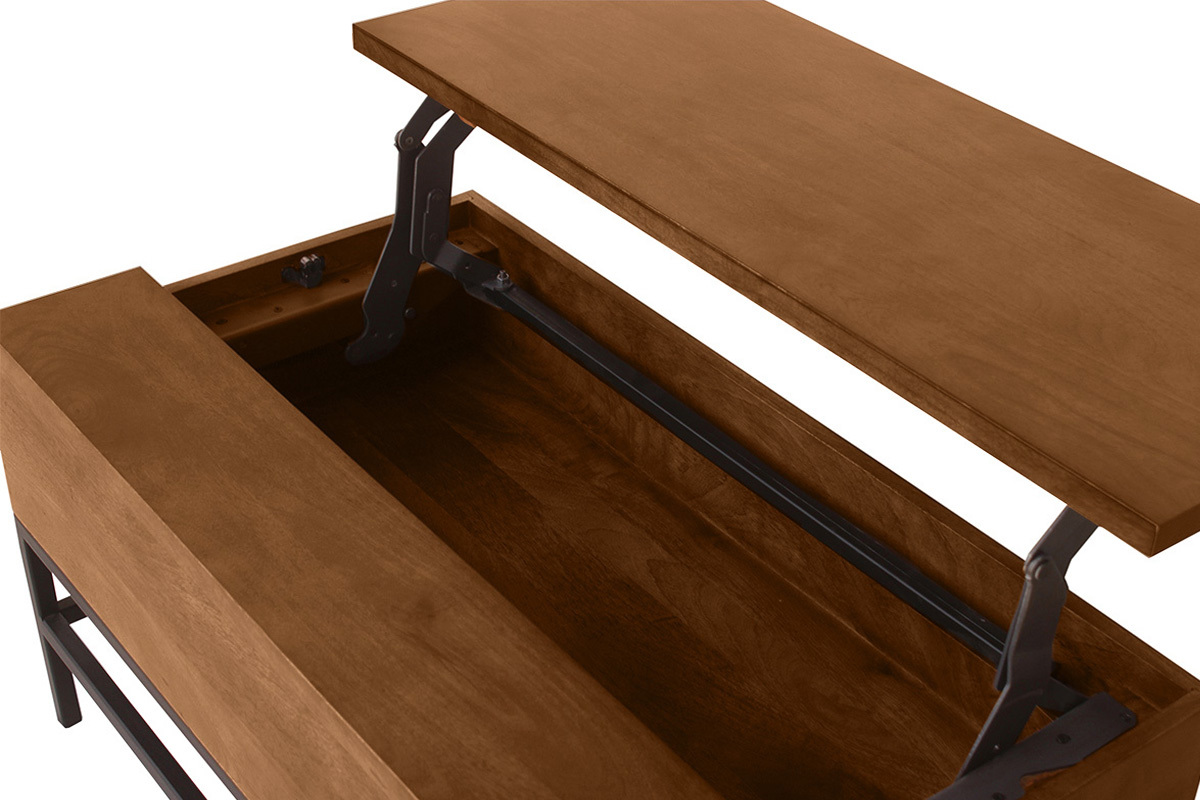 Tavolo basso industriale con sollevamento in legno massello di mango tinto e metallo nero L90 cm YPSTER