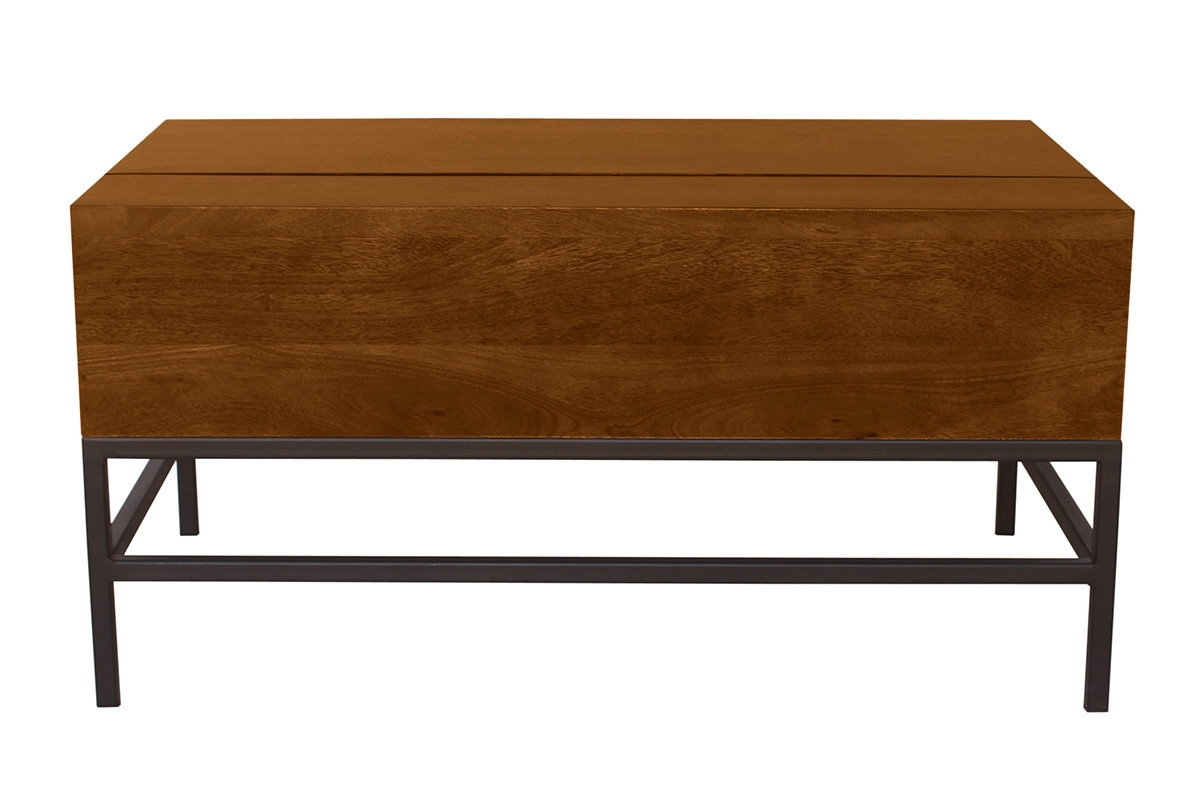 Tavolo basso industriale con sollevamento in legno massello di mango tinto e metallo nero L90 cm YPSTER