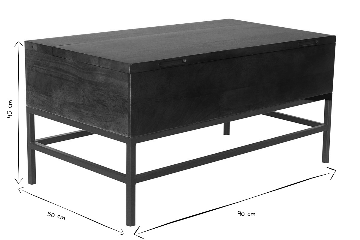 Tavolo basso industriale con sollevamento in legno massello di mango tinto e metallo nero L90 cm YPSTER