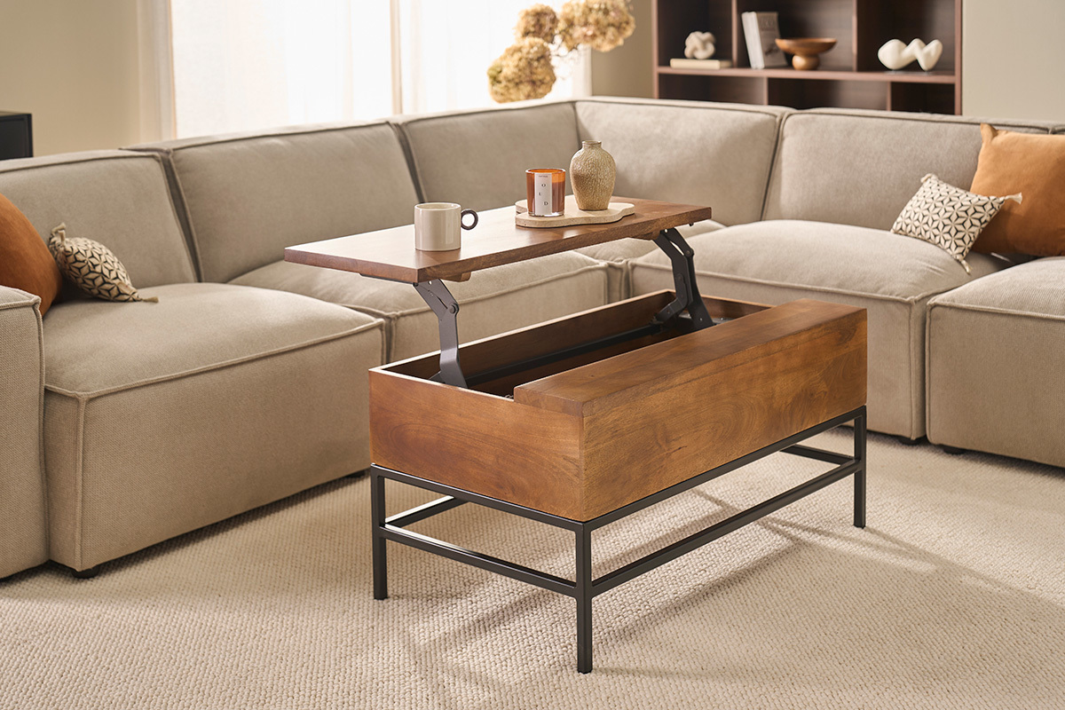 Tavolo basso industriale con sollevamento in legno massello di mango tinto e metallo nero L90 cm YPSTER