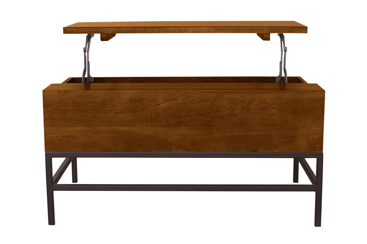 Tavolo basso industriale con sollevamento in legno massello di mango tinto e metallo nero L90 cm YPSTER