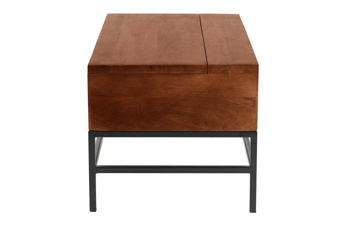 Tavolo basso industriale con sollevamento in legno massello di mango tinto e metallo nero L90 cm YPSTER