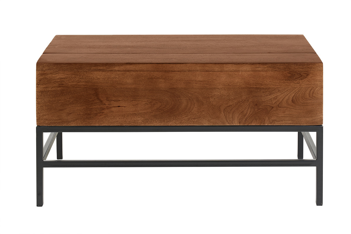 Tavolo basso industriale con sollevamento in legno massello di mango tinto e metallo nero L90 cm YPSTER