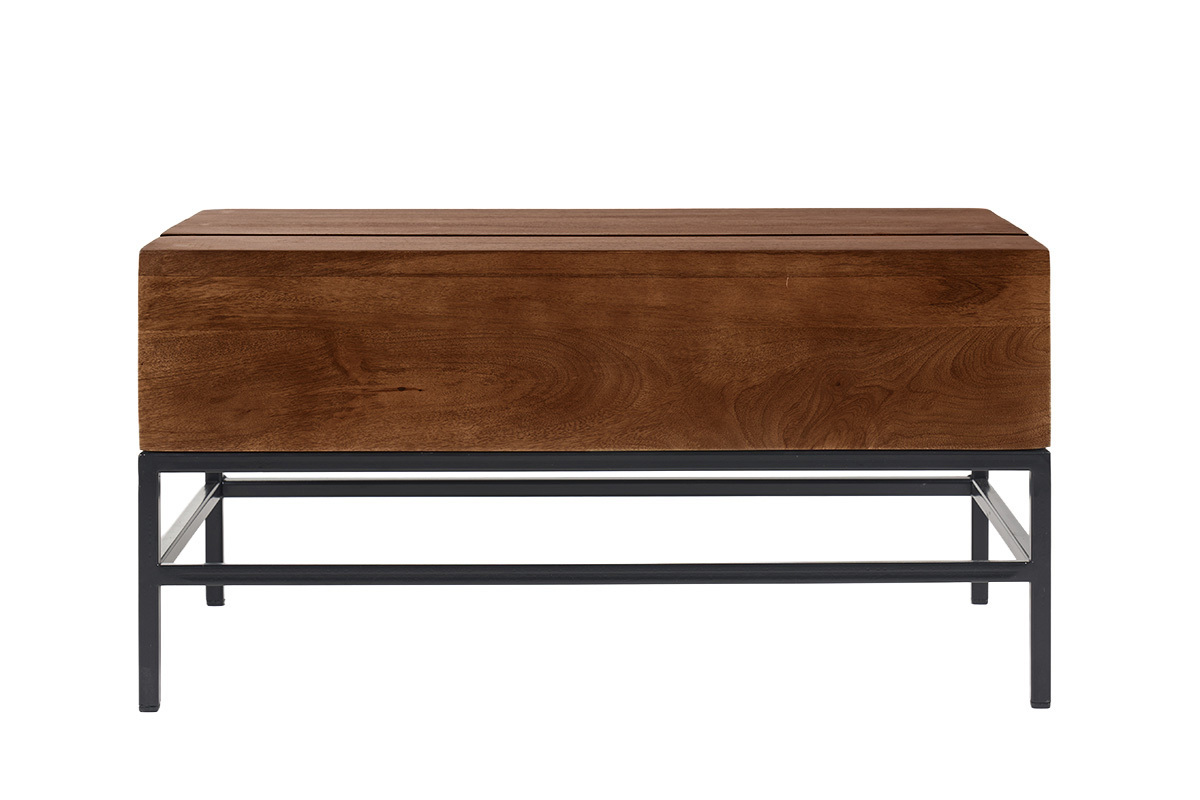 Tavolo basso industriale con sollevamento in legno massello di mango tinto e metallo nero L90 cm YPSTER