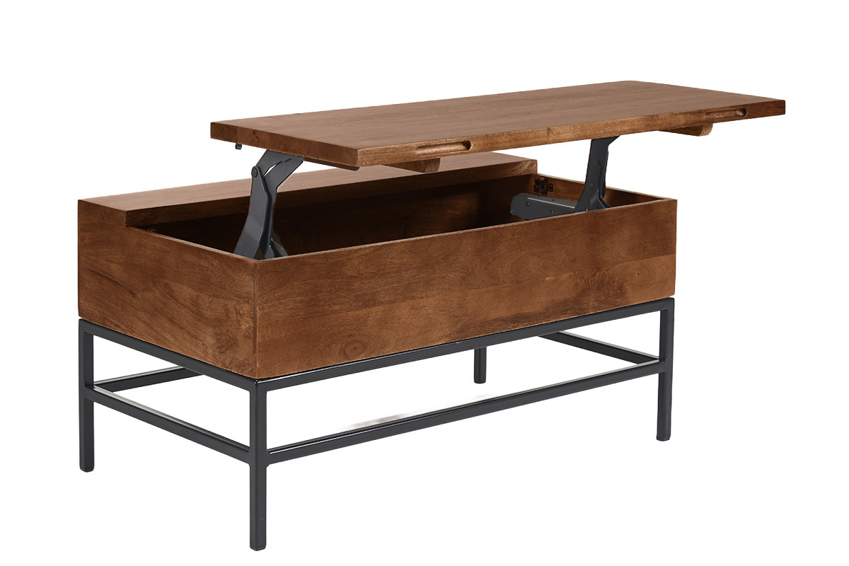 Tavolo basso industriale con sollevamento in legno massello di mango tinto e metallo nero L90 cm YPSTER