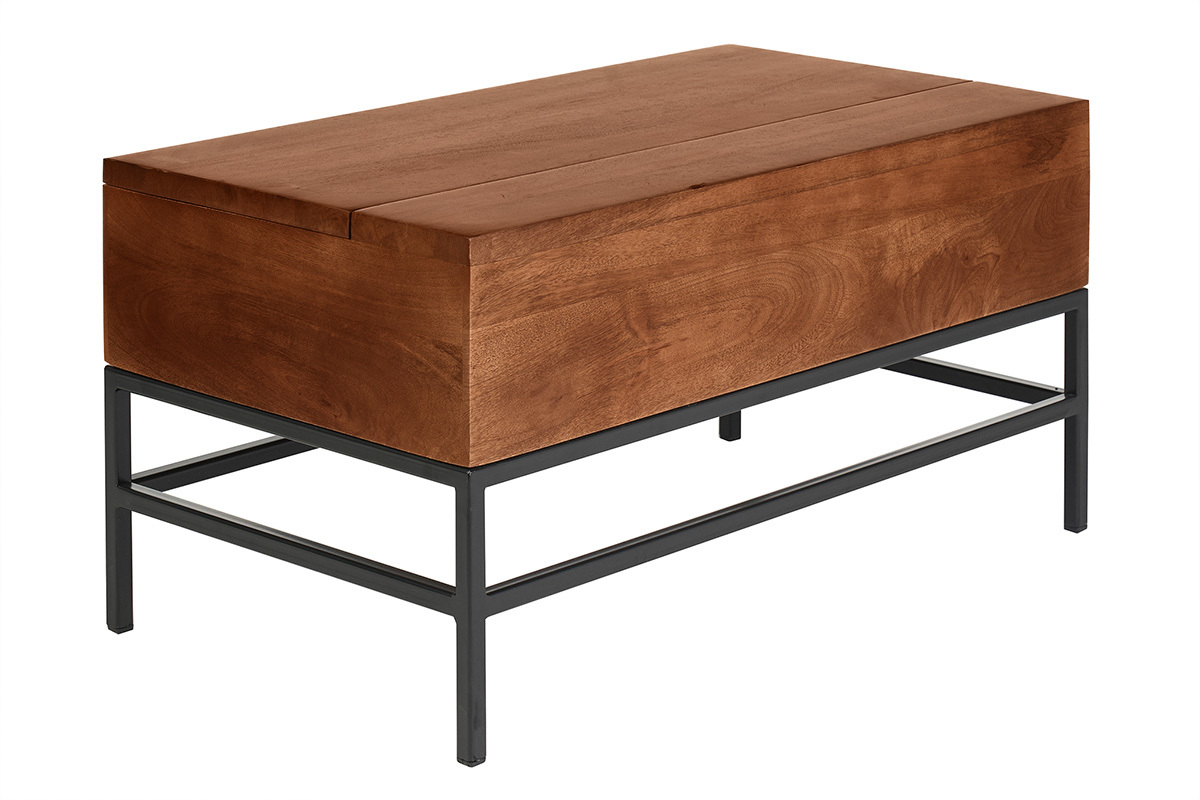 Tavolo basso industriale con sollevamento in legno massello di mango tinto e metallo nero L90 cm YPSTER