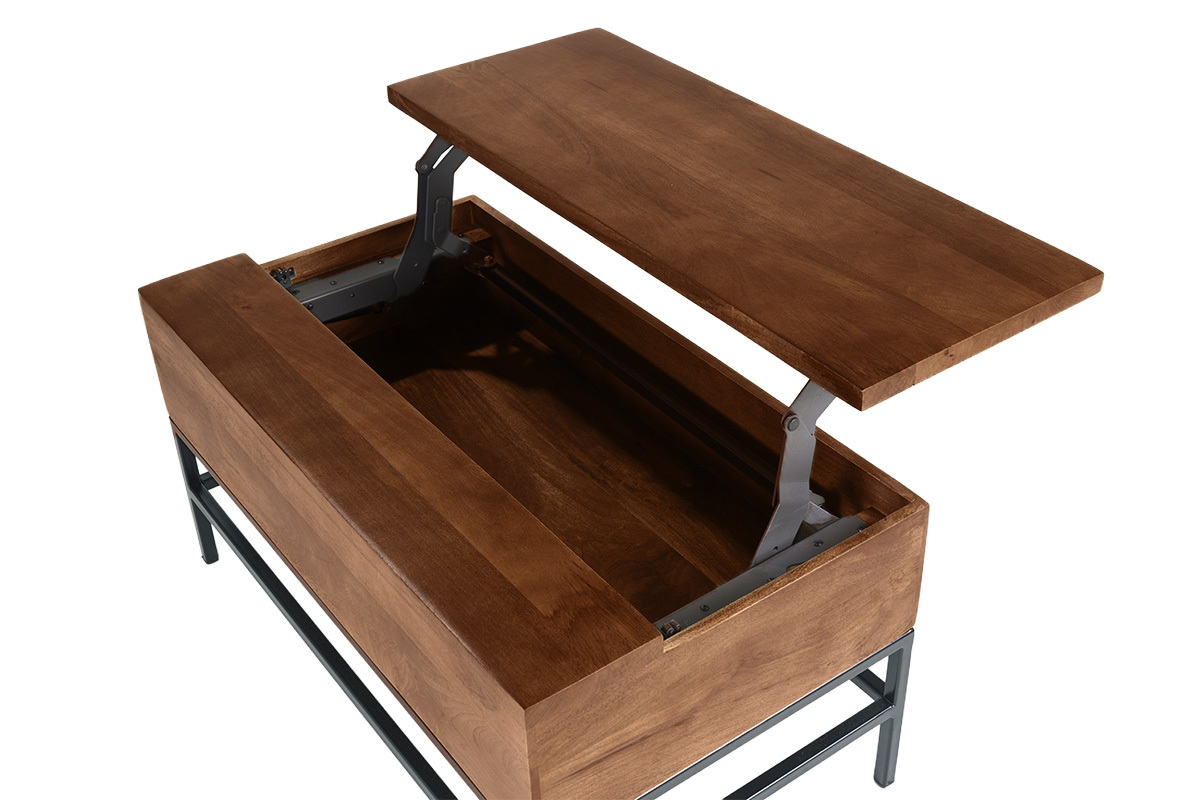 Tavolo basso industriale con sollevamento in legno massello di mango tinto e metallo nero L90 cm YPSTER