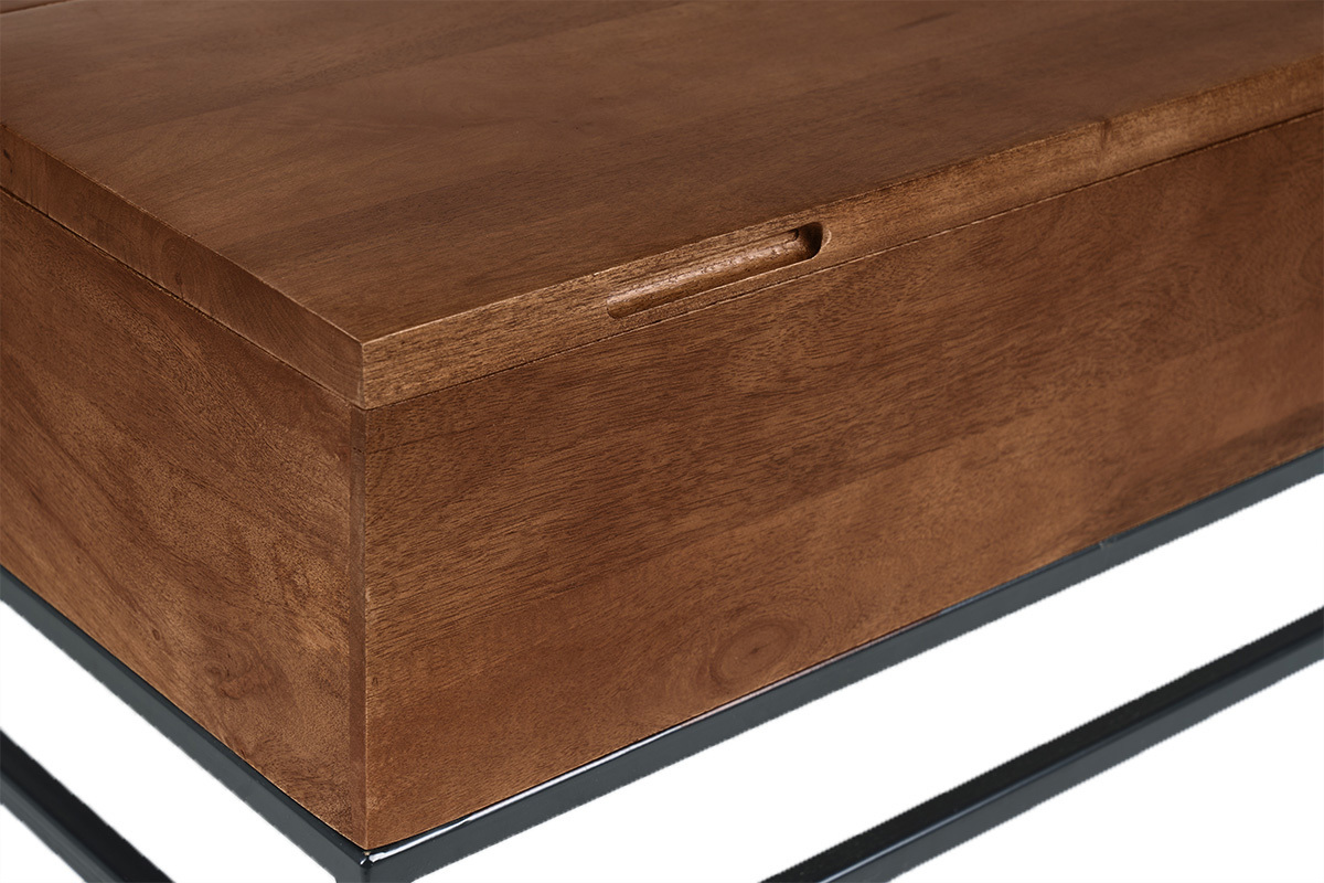 Tavolo basso industriale con sollevamento in legno massello di mango tinto e metallo nero L90 cm YPSTER
