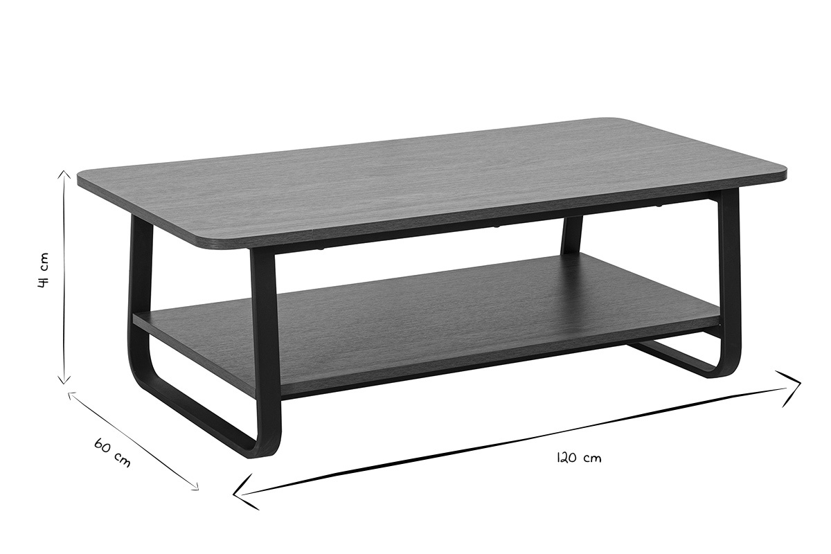 Tavolino rettangolare con dimensioni 120x60x44 cm, finitura in legno e metallo, vista in prospettiva, bianco e nero.