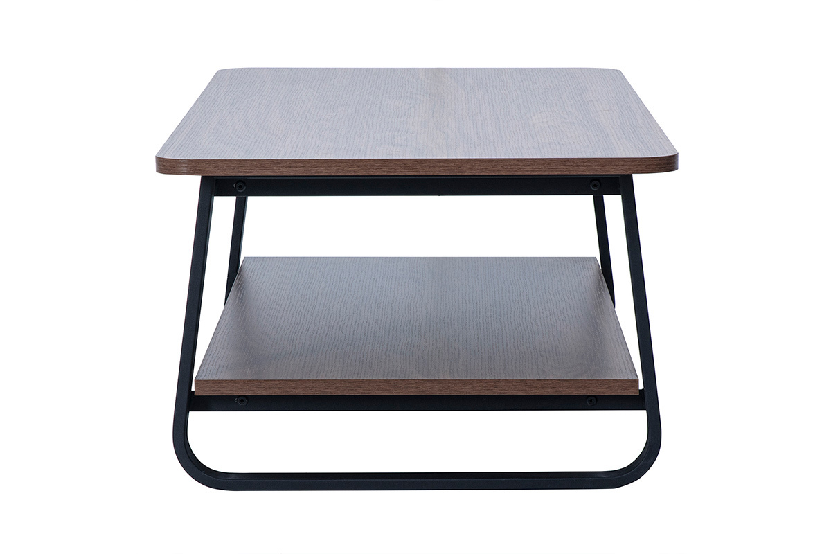 Tavolino rettangolare in legno di noce e metallo, vista laterale, doppio ripiano.