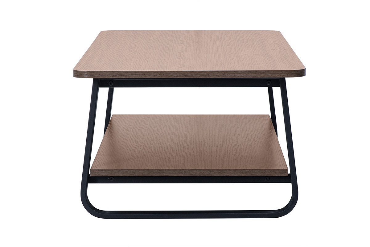 Tavolino basso rettangolare finitura legno noce con struttura in metallo nero, vista di profilo.