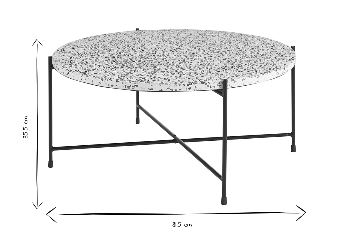 Dimensioni del tavolino rotondo in terrazzo e metallo nero, D81.5 cm, H35.5 cm.